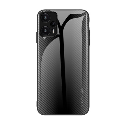 Dark gray gradient glass TPU phone case with carbon-fiber style pattern and dual camera cutouts.