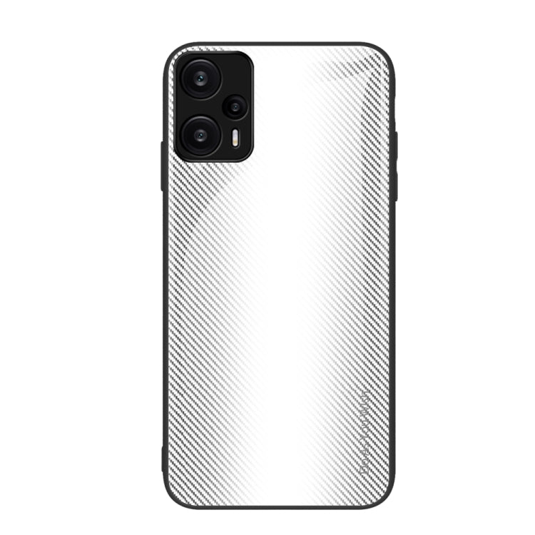 White gradient glass TPU phone case with carbon-fiber style pattern and dual camera cutouts.