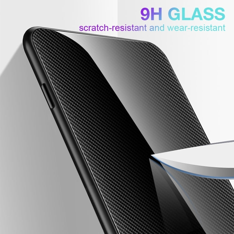 Black carbon-fiber style TPU phone case with scratch-resistant 9H glass finish.