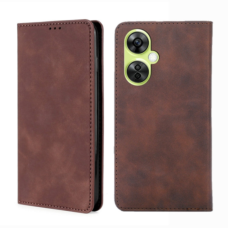 Dark brown magnetic leather folio phone case with stitched edges and camera cutout