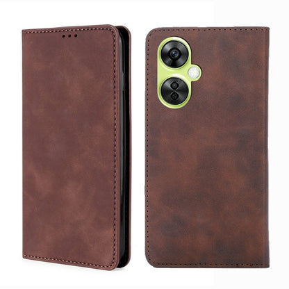 Dark brown magnetic leather folio phone case with stitched edges and camera cutout