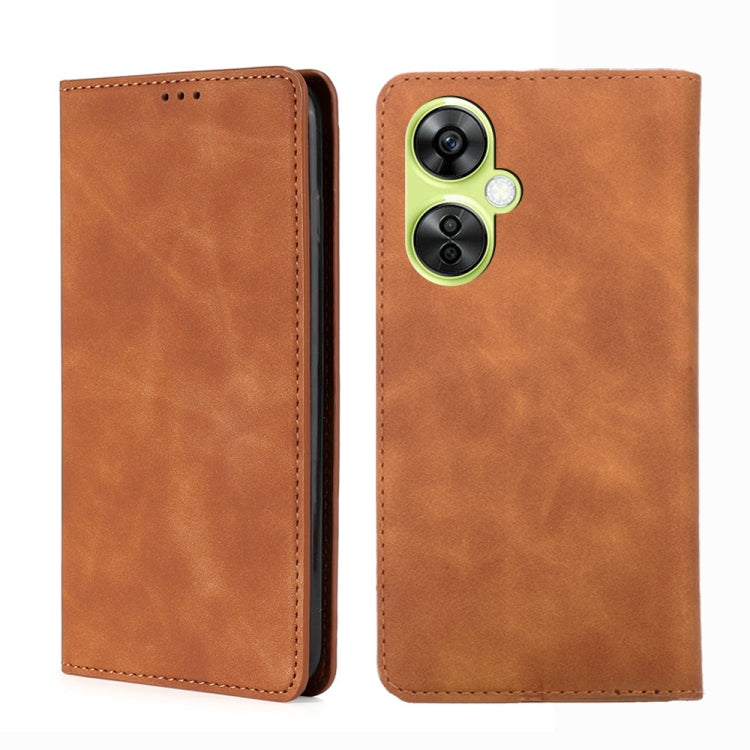Light brown leather flip phone case with dual camera cutout and stitched trim
