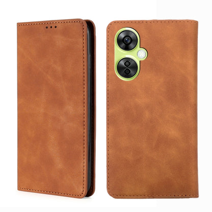 Light brown leather flip phone case with dual camera cutout and stitched trim