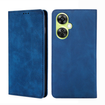 Blue leather folio phone case with dual camera cutout and stitched border