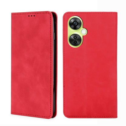 Red leather folio phone case with dual camera cutout and contrast stitching