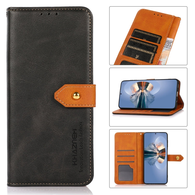 Black cowhide-texture flip leather phone case with card slots and magnetic clasp