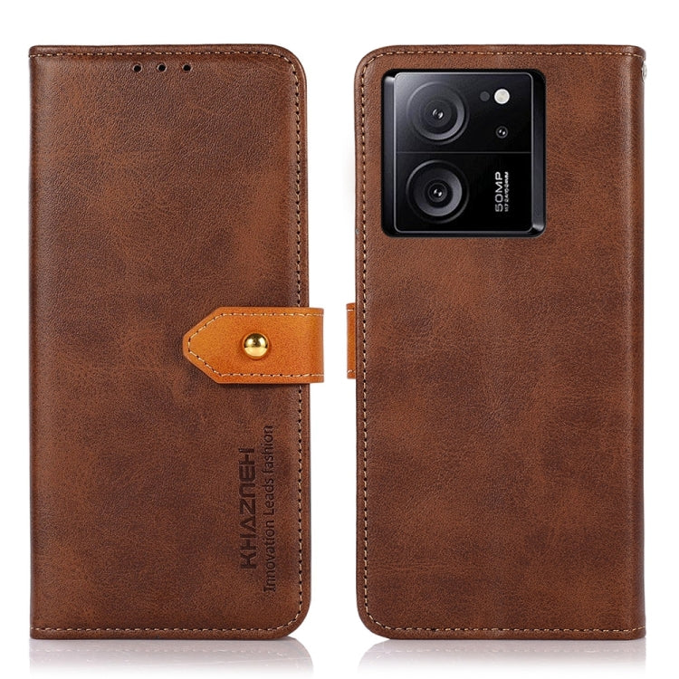 Brown leather flip phone case with camera cutout and magnetic strap