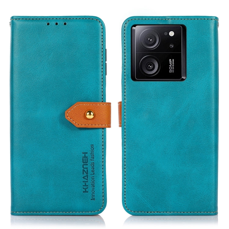 Blue leather flip phone case with camera cutout and magnetic strap