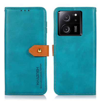 Blue leather flip phone case with camera cutout and magnetic strap