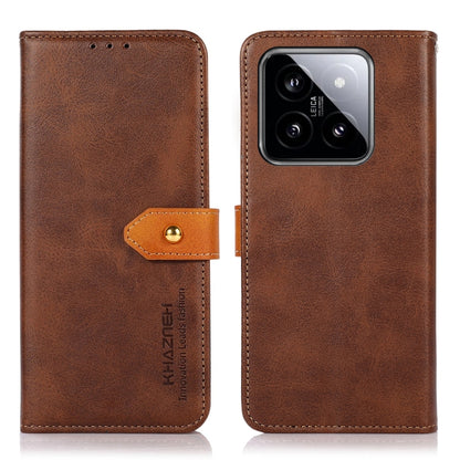 Brown leather flip phone case with orange clasp and camera window
