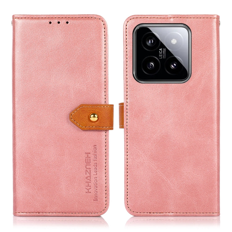 Rose gold flip leather phone case with magnetic strap and camera cutout.