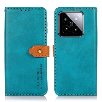 Teal leather flip phone case with tan clasp and camera window