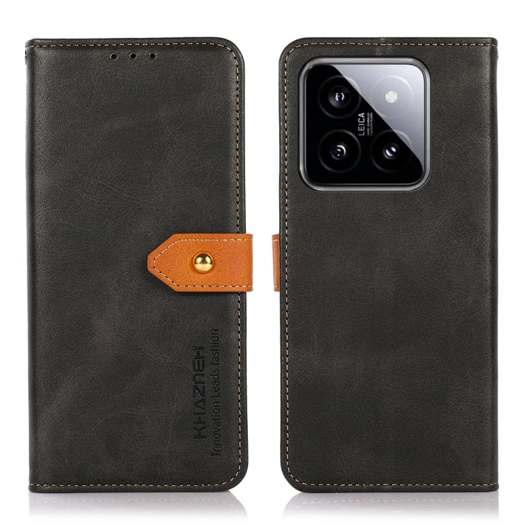 Dark gray leather flip phone case with orange clasp and camera window