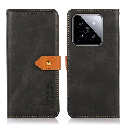 Dark gray leather flip phone case with orange clasp and camera window