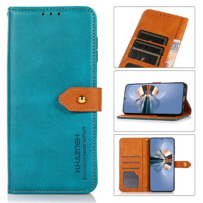 Blue flip leather phone case with magnetic strap, card slots, and camera cutout.