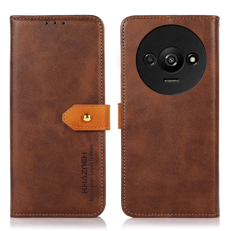 Brown flip leather phone case with magnetic strap and round camera cutout