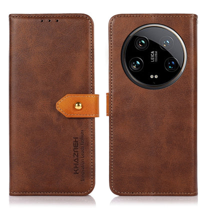 Brown leather flip phone case with orange side strap and camera cutout