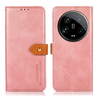 Rose pink leather flip phone case with tan clasp and camera cutout