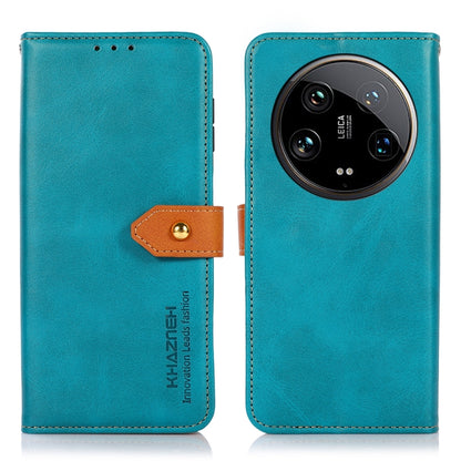 Teal leather flip phone case with tan clasp and camera cutout