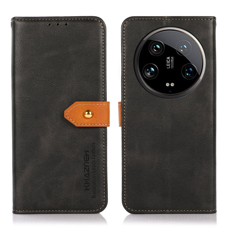 Dark gray leather flip phone case with orange clasp and camera cutout