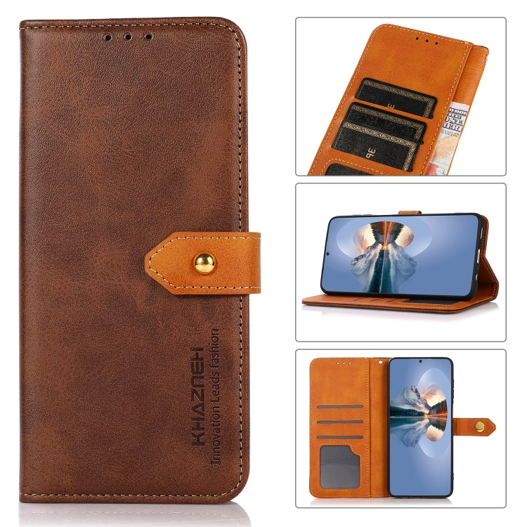 Brown cowhide-texture flip phone case with snap strap and card slots