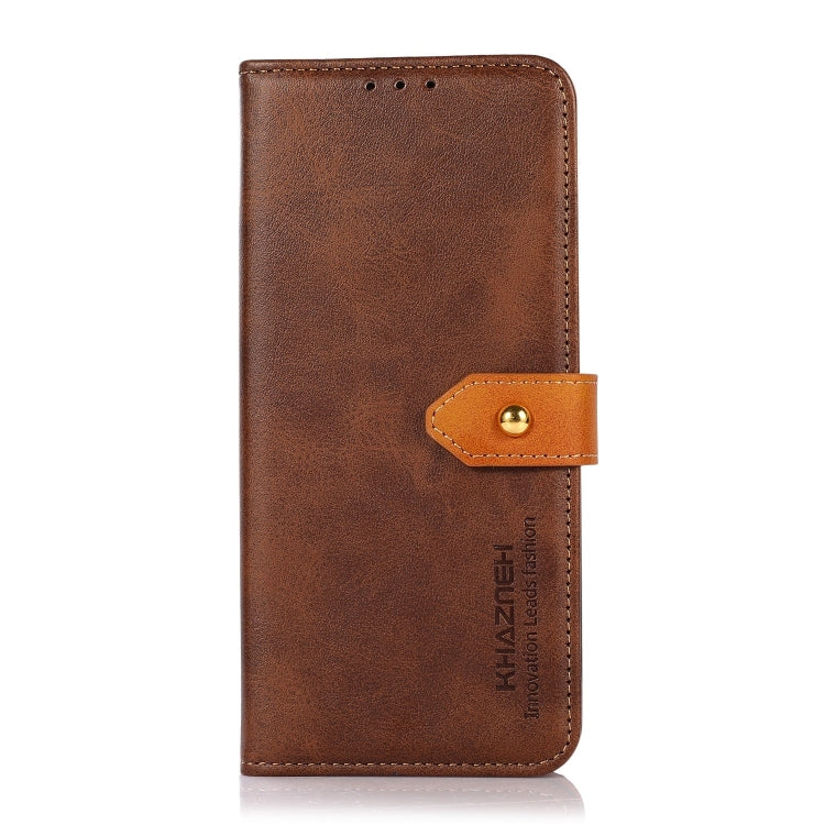 Brown leather flip phone case with gold-tone snap and vertical branding
