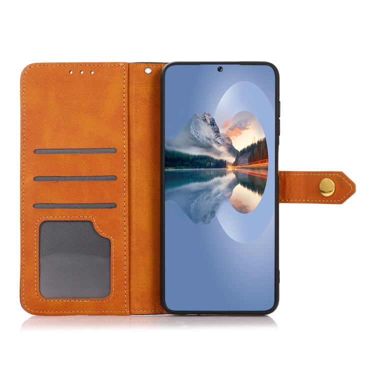 Orange flip phone case open view with card slots and viewing stand