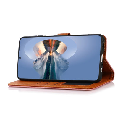 Orange leather flip phone case with screen cover folded into a stand