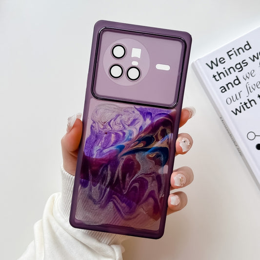 Purple marbled TPU phone case with electroplated ring, four camera cutouts