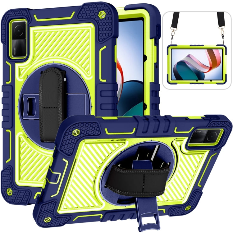 Navy blue silicone tablet case with 360-degree rotating kickstand and hand strap
