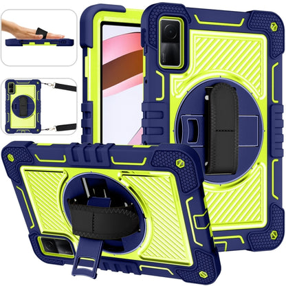Navy blue silicone tablet case with lime accents, 360-degree rotating kickstand