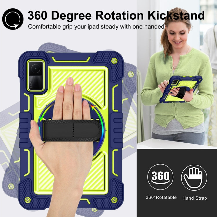 Navy blue tablet case with 360-degree rotating kickstand and hand strap