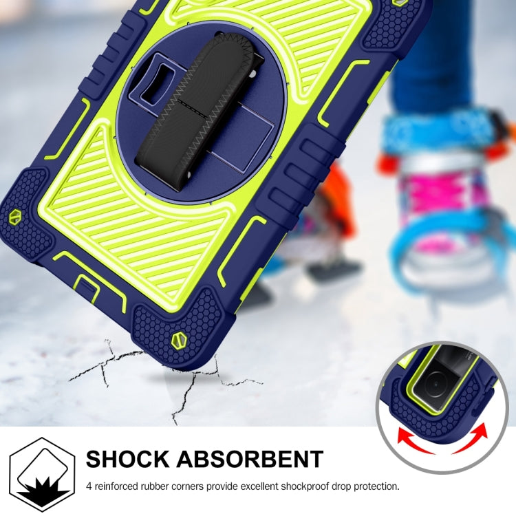 Navy blue and lime silicone tablet case with 360-degree rotating kickstand