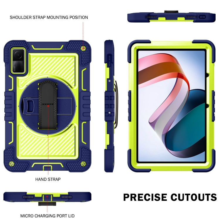 Navy blue and lime tablet case with 360-degree rotating kickstand and cutouts