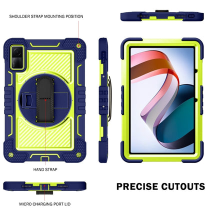 Navy blue and lime tablet case with 360-degree rotating kickstand and cutouts