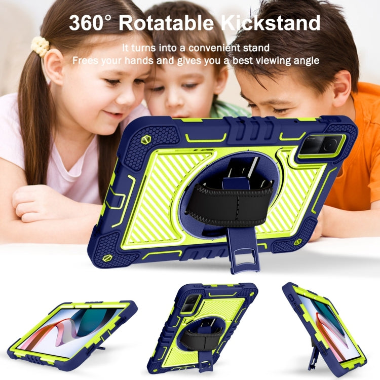 Navy blue silicone tablet case with 360-degree rotating kickstand for viewing