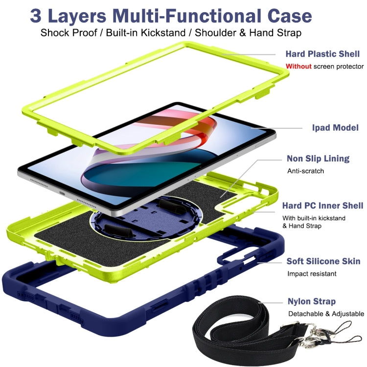 Navy blue and lime multi-layer tablet case with 360-degree kickstand and straps