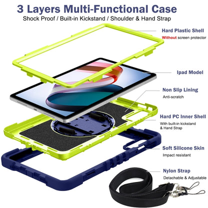 Navy blue and lime multi-layer tablet case with 360-degree kickstand and straps