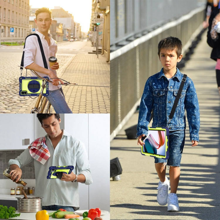 Navy blue tablet case with 360-degree rotating kickstand held in hands