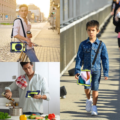 Navy blue tablet case with 360-degree rotating kickstand held in hands