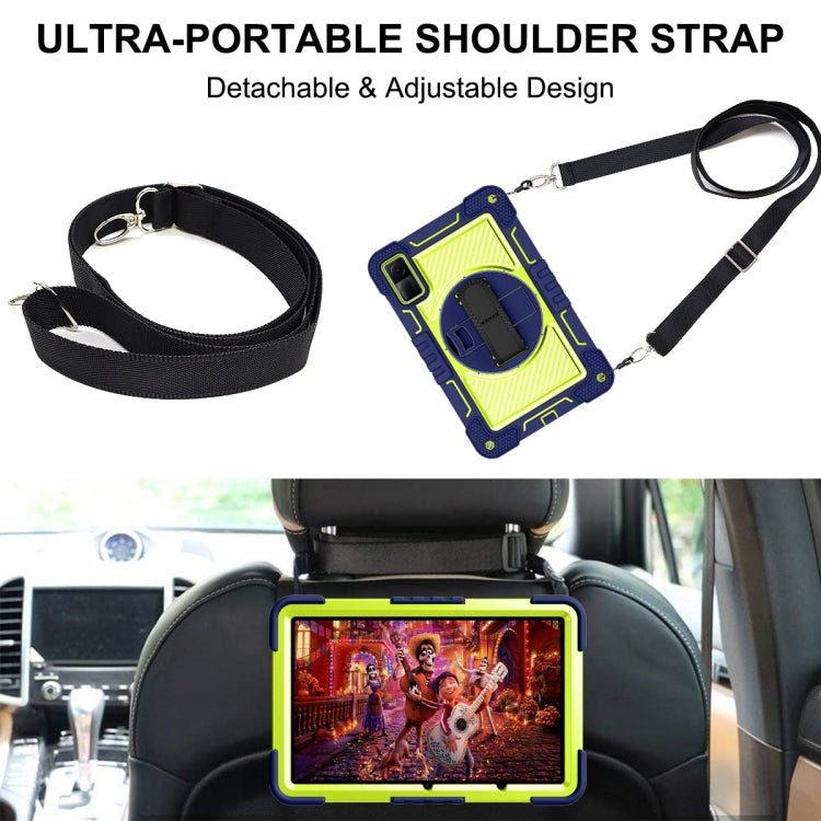Navy blue and lime tablet case with detachable shoulder strap and 360-degree stand