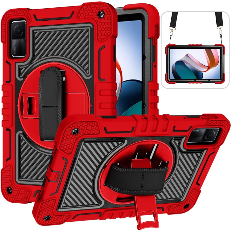 Red and black silicone tablet case with 360-degree rotating kickstand and hand strap