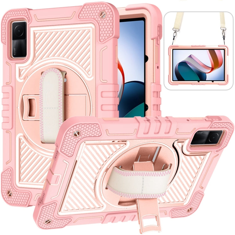 Pink rugged 360° rotating tablet case with stand, strap and textured back cover