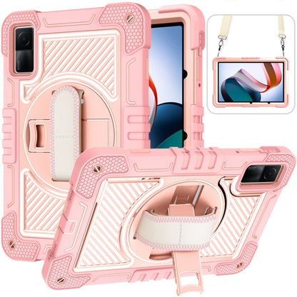 Pink rugged 360° rotating tablet case with stand, strap and textured back cover