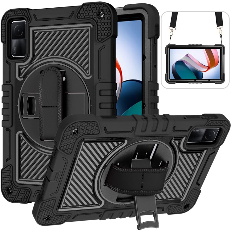 Black rugged 360° rotating tablet case with stand, strap and textured back cover