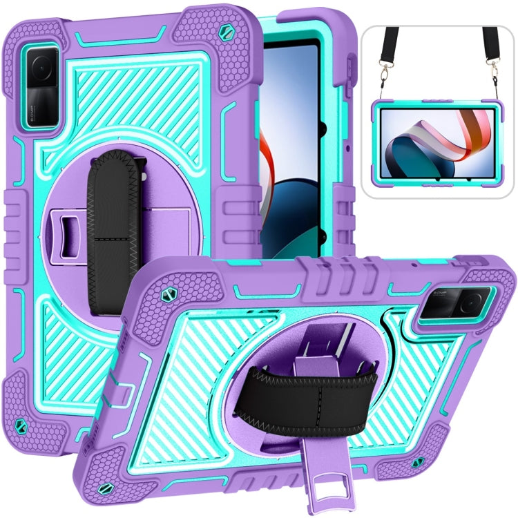 Lavender rugged 360° rotating tablet case with stand, strap and textured back cover