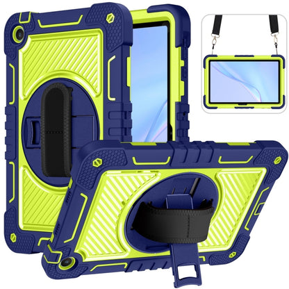 Navy and lime rugged silicone tablet case with camera cutout and foldable kickstand