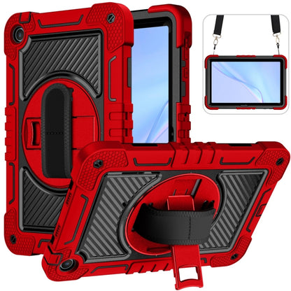 Red rugged silicone tablet case with camera cutout and foldable kickstand