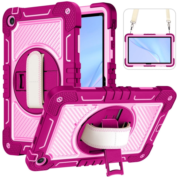 Magenta and pink rugged silicone tablet case with camera cutout and foldable kickstand