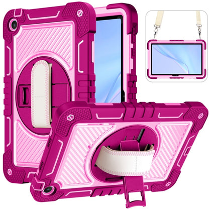 Magenta and pink rugged silicone tablet case with camera cutout and foldable kickstand